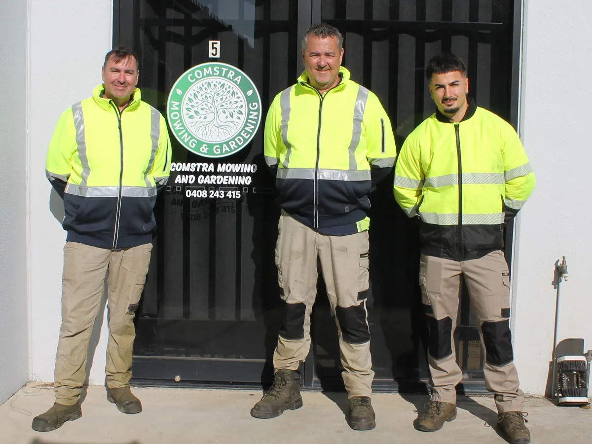 The COMSTRA Mowing team standing outside the company office in Derrimut, Melbourne