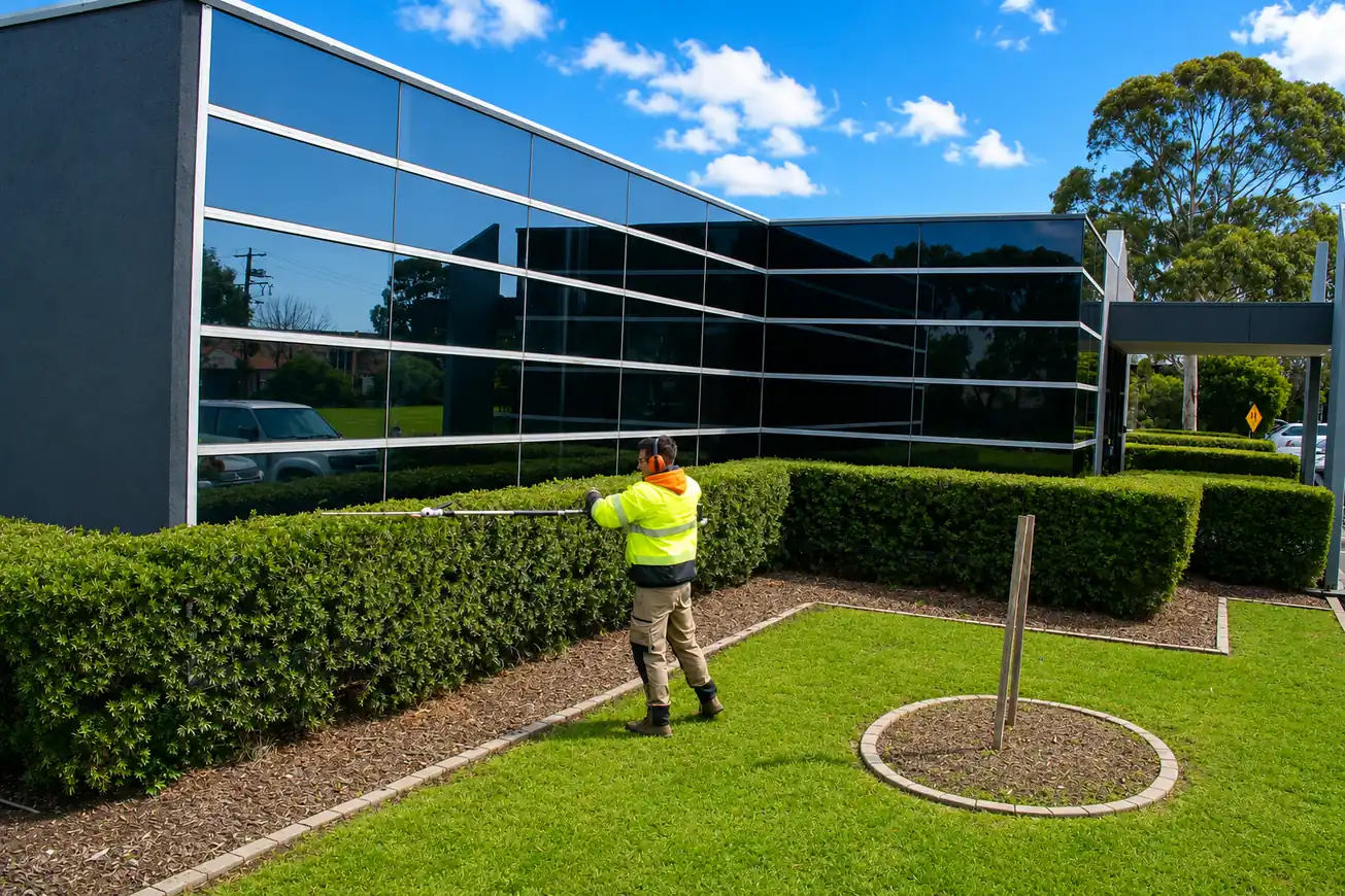 COMSTRA Mowing gardener trimming hedges outside a commercial office building in Sunshine