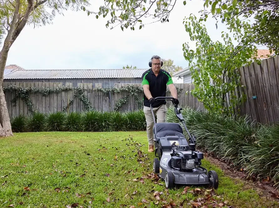 COMSTRA Mowing gardener mowing a backyard lawn lined with established garden beds in Avondale Heights